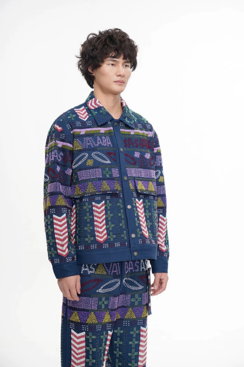 Time Navy Hand Beaded Jacket - Image 4