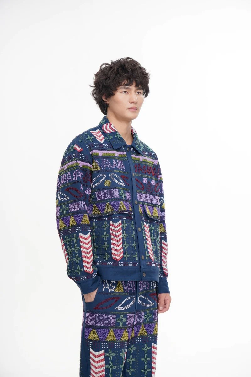 Time Navy Hand Beaded Jacket - Image 6