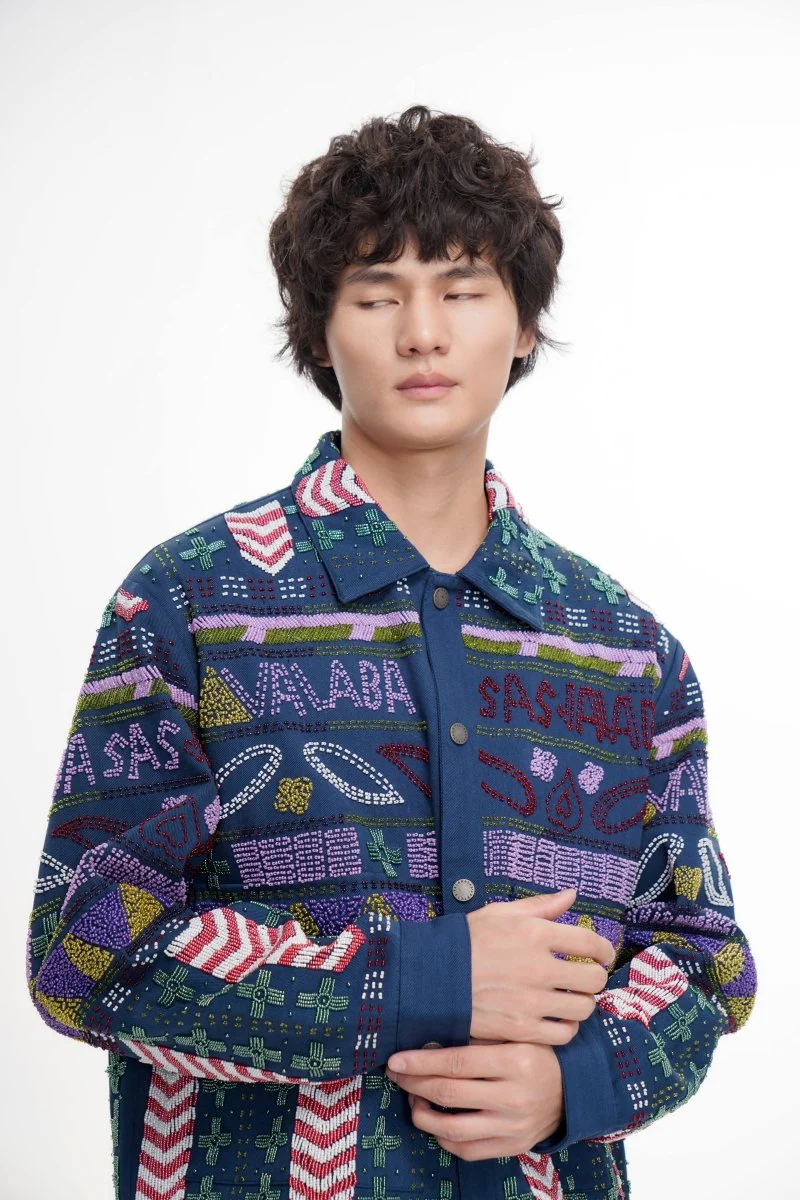 Time Navy Hand Beaded Jacket - Image 7